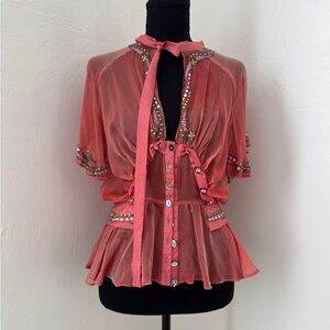 Meghan LA Coral Embellished Sheer Blouse